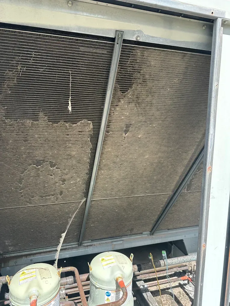 Dirty air filters above two buckets in a utility area