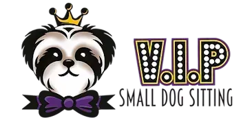 VIP Small Dog Sitting logo with a black-and-white dog wearing a purple bow tie and crown