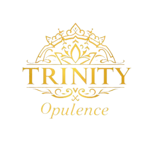 Gold “TRINITY Opulence” logo with ornate floral crest and elegant serif typography
