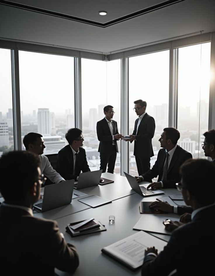 Business meeting in a bright conference room,two people shaking hands beside colleagues at a table.