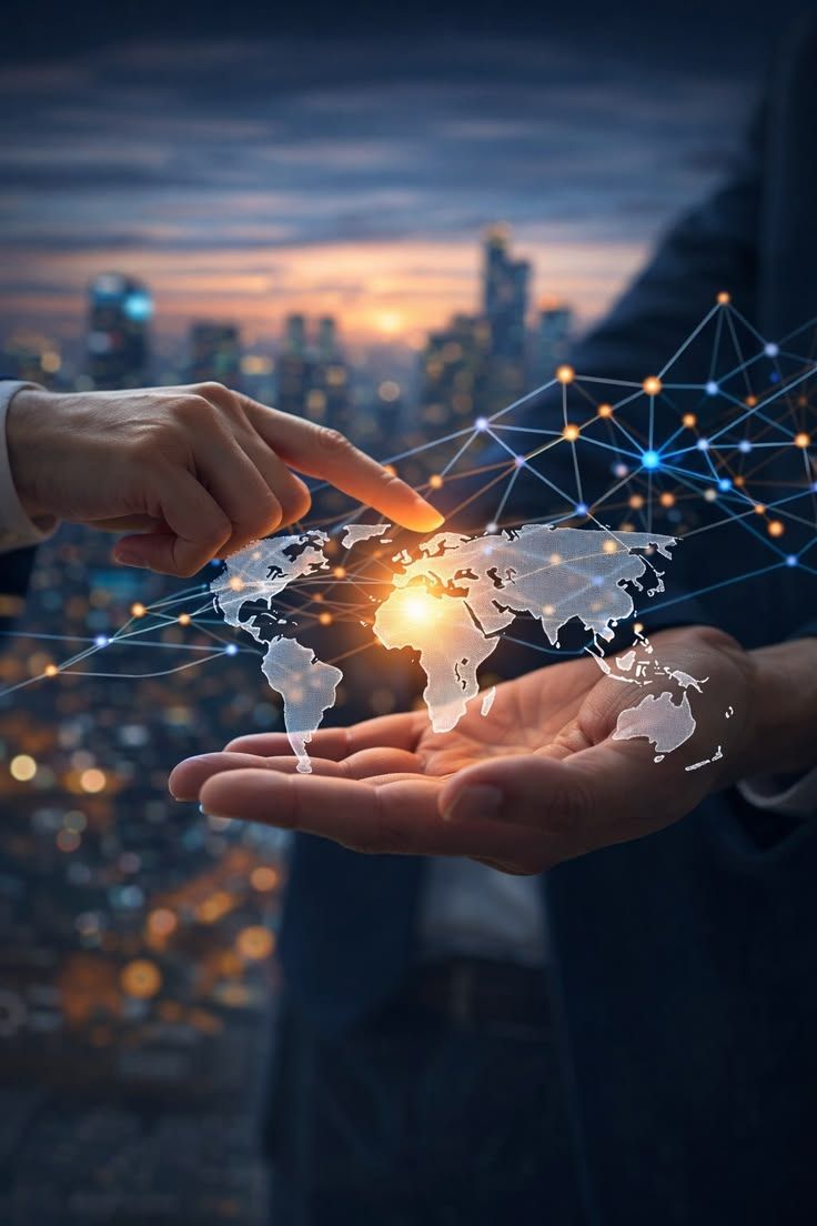 Hands holding a glowing digital globe with network lines over a city skyline at dusk