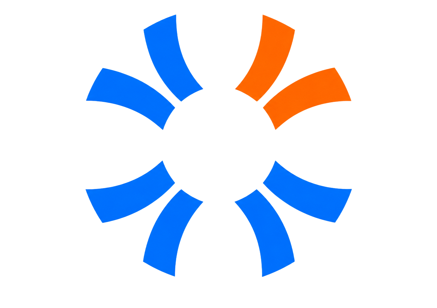 Blue and orange abstract circular logo with six curved segments around a white center