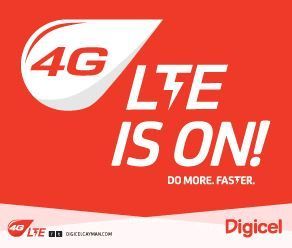 Red Digicel LTE ad with large white “LTE IS ON!” text and 4G LTE logo
