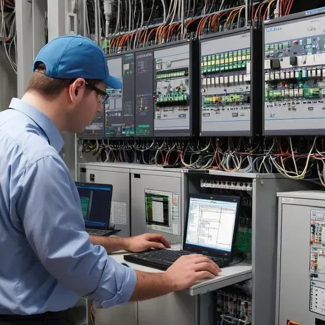 Technician monitoring server racks and control panels in a data center, using a laptop and keyboard.