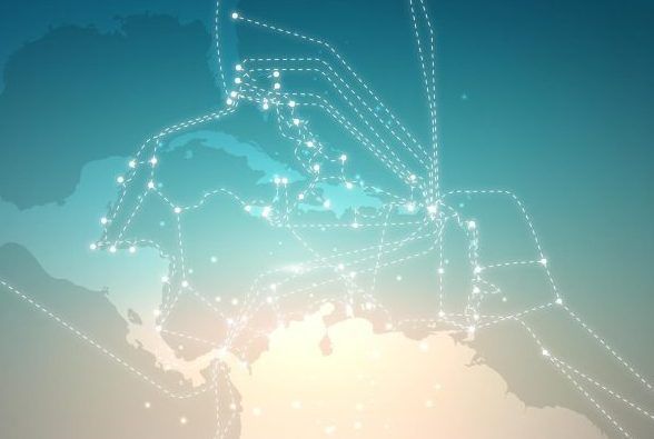 Abstract glowing network map over a blue-to-gold gradient background