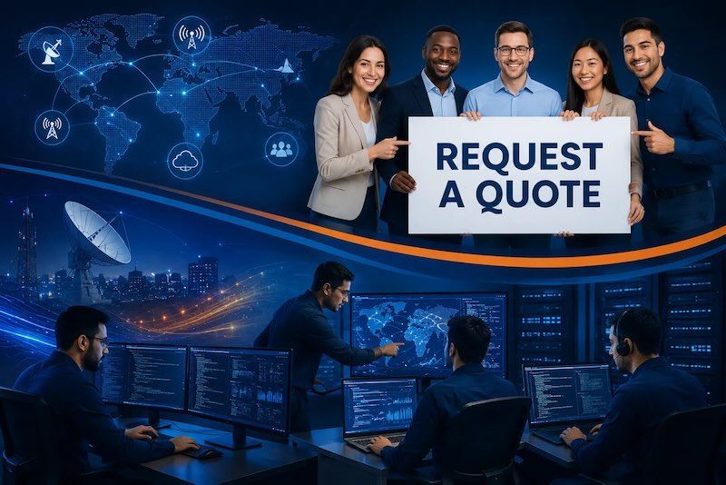 Business team holds โREQUEST A QUOTEโ sign in a blue tech control-room collage