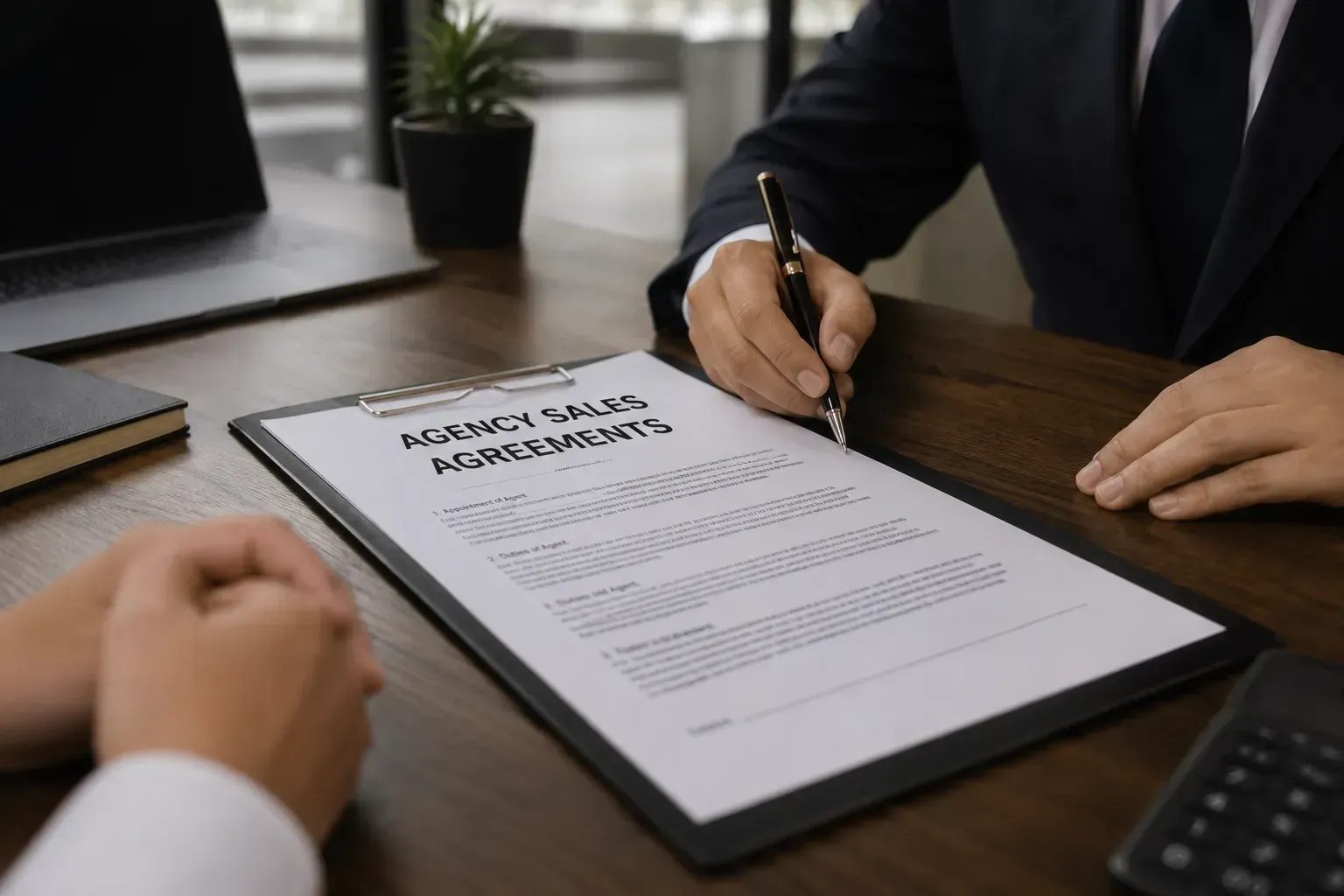 Two people reviewing a document on a clipboard at a desk, one signing with a pen