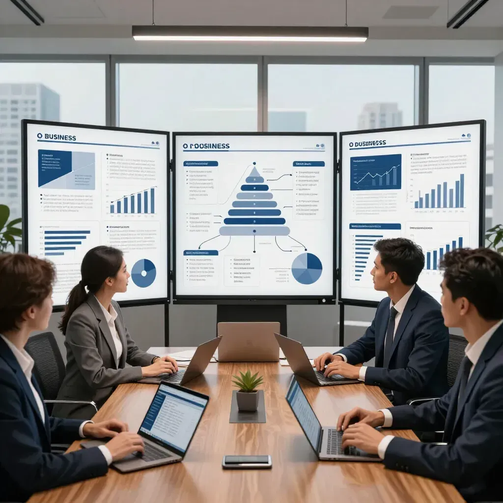 Business meeting with four people around a table, three large monitors in a bright conference room