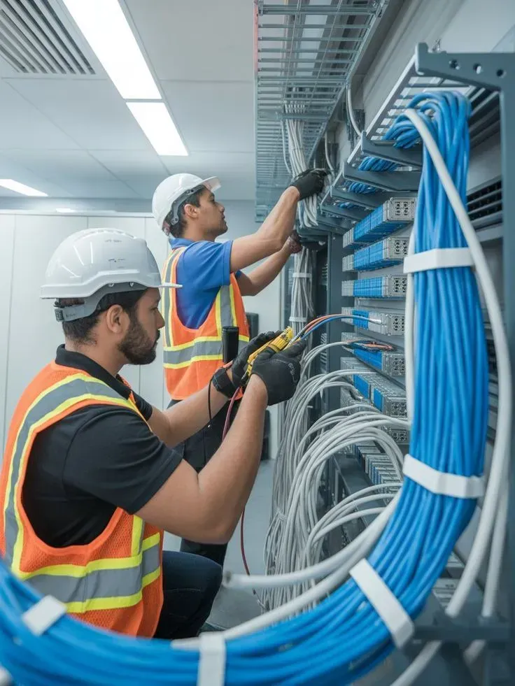 Two technicians in safety vests work on cables in a server room.