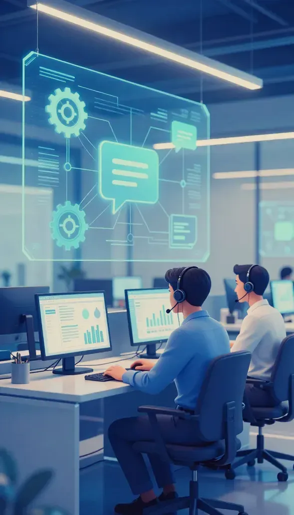 People working at computers in a modern blue-lit office with digital dashboards on large screens
