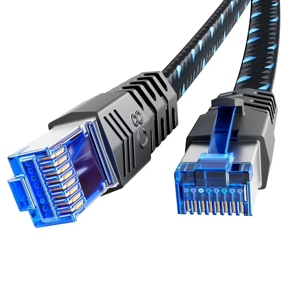 Two blue Ethernet cables with RJ45 connectors on a white background