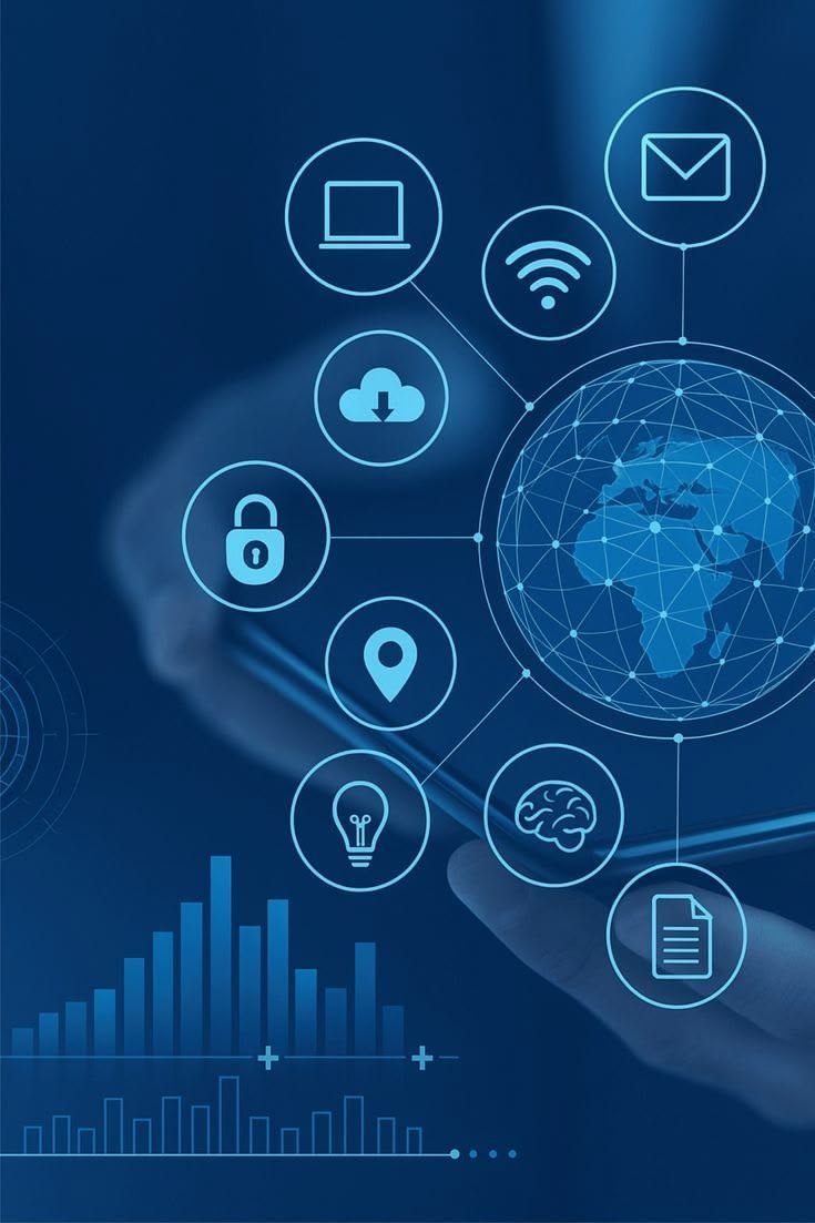 Blue digital network graphic with globe, cloud, lock, email, and wireless icons over data charts