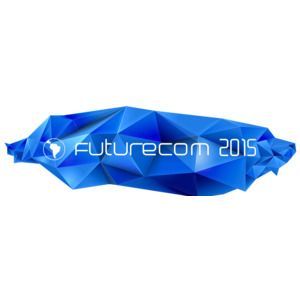 Blue faceted FUTURECOM 2015 logo banner with white text