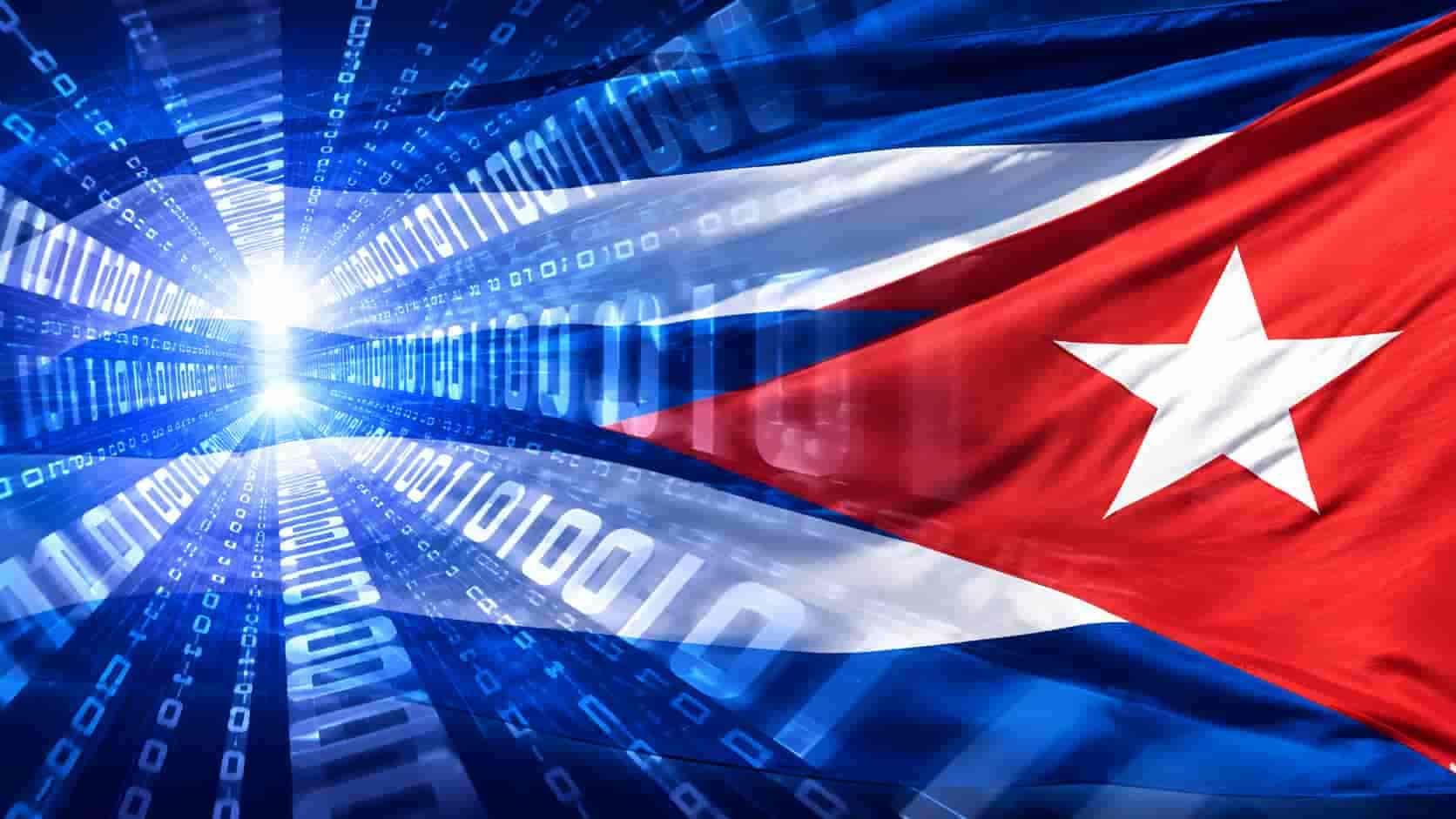 Cuban flag with digital binary code and glowing blue light background