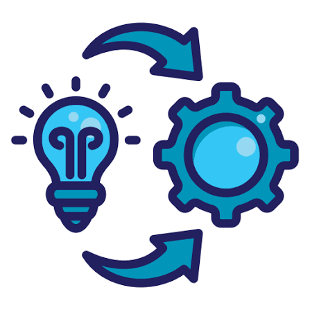 Light bulb and gear with circular arrows, symbolizing ideas turning into action.