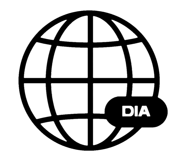 Black globe icon with a speech bubble labeled “DIA”