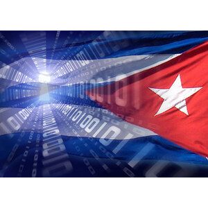 Cuban flag with digital binary code and glowing blue light background