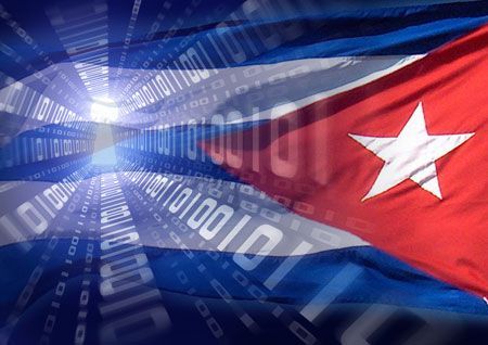 Cuban flag over blue binary code background with glowing light beam