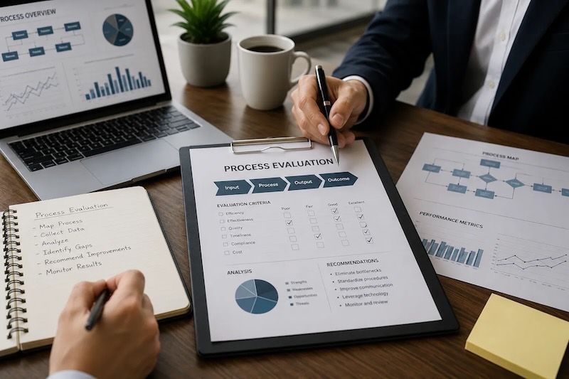 Hands reviewing charts and notes on a desk with laptop, clipboard, and coffee in a business meeting