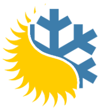 Yellow sun and blue snowflake halves form a weather icon on white background