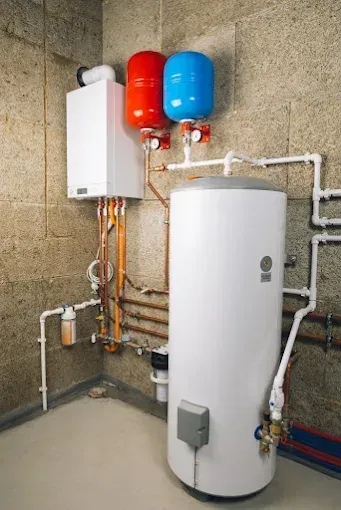Utility room with white water heater, red and blue expansion tanks, and exposed pipes against concrete walls