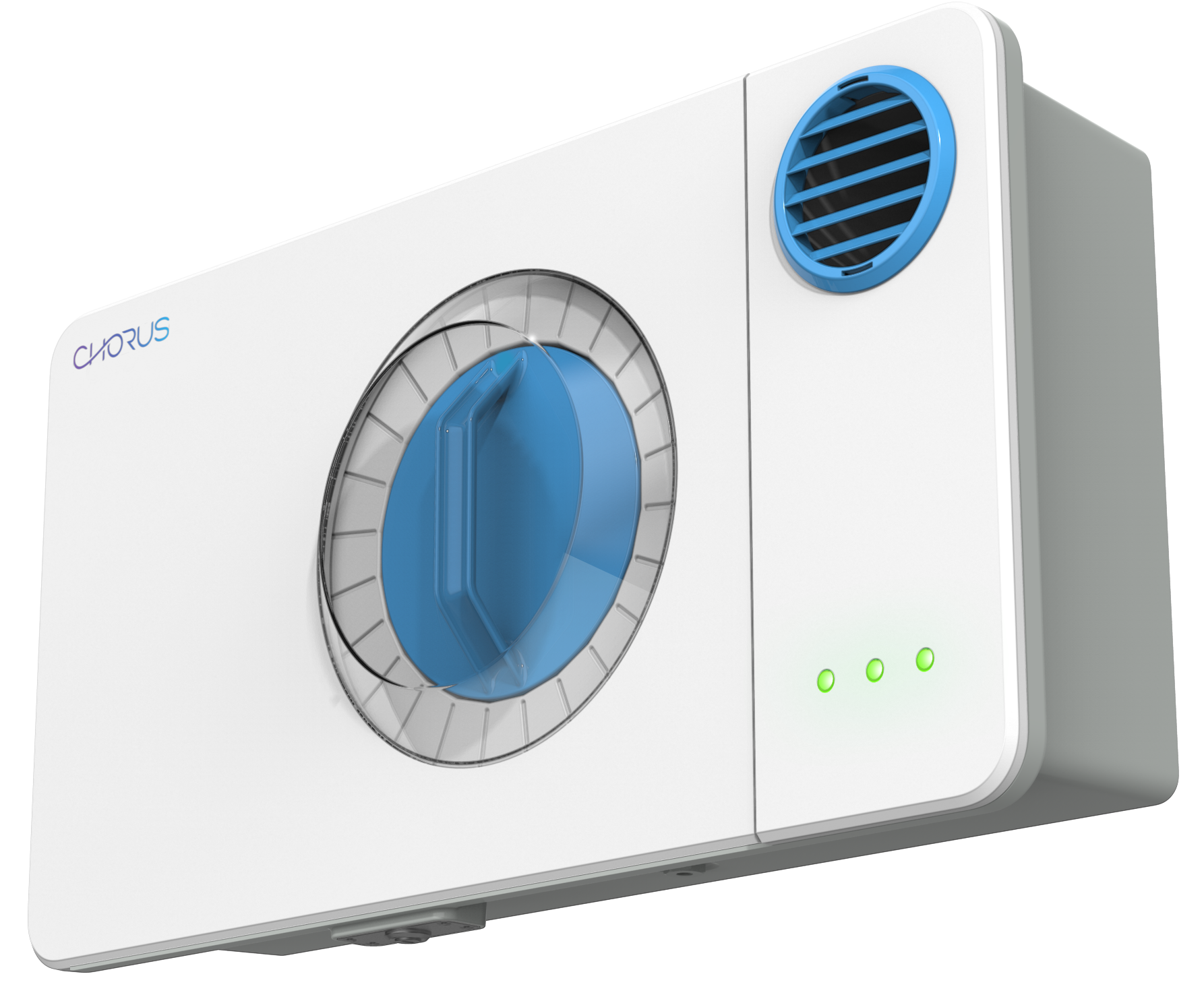 A Chorus odor control machine. The wall-mounted system is a white box with a blue vent.