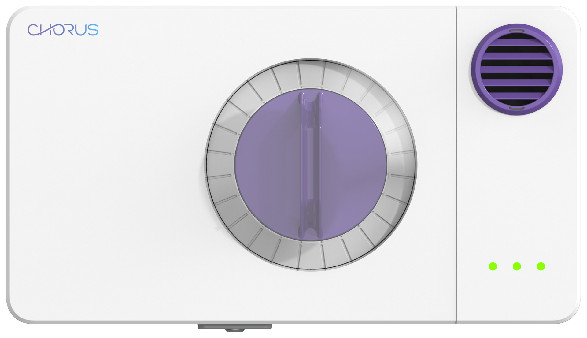 An image of a Chorus Fresh device designed for cold food storage applications. The wall-mounted unit is white with purple controls and three easy-to-read indicator lights in the bottom right corner.