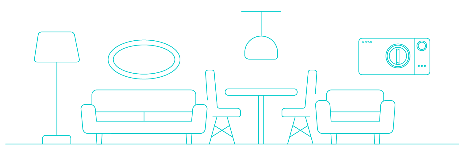 A line drawing of a comfortable and modern living room with furniture and appliances, including a Chorus automatic air sanitizer on the wall.