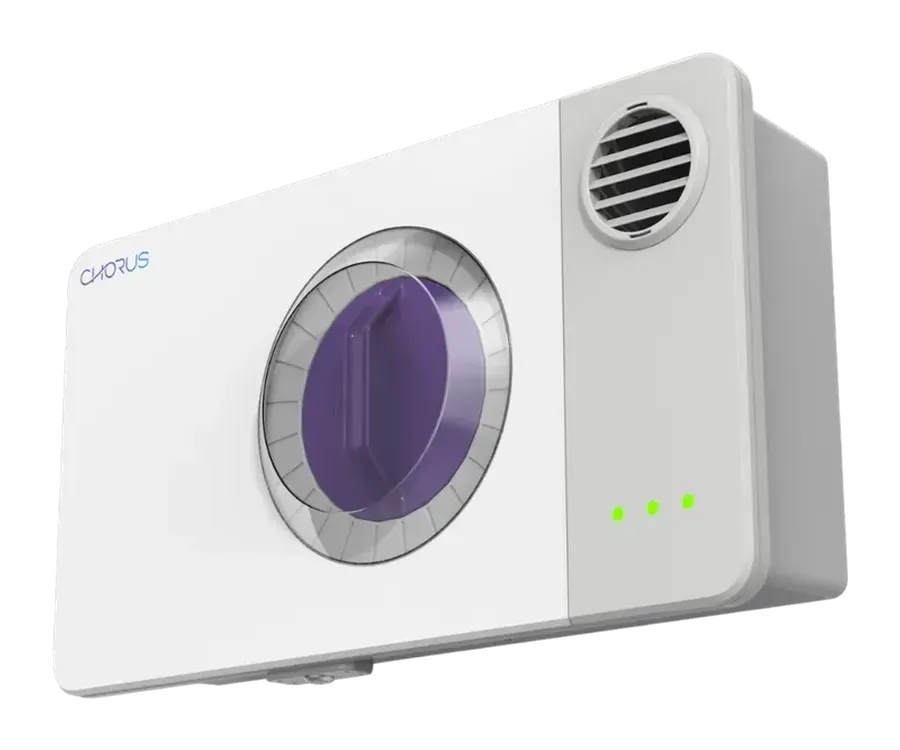 A white box with a purple knob on it