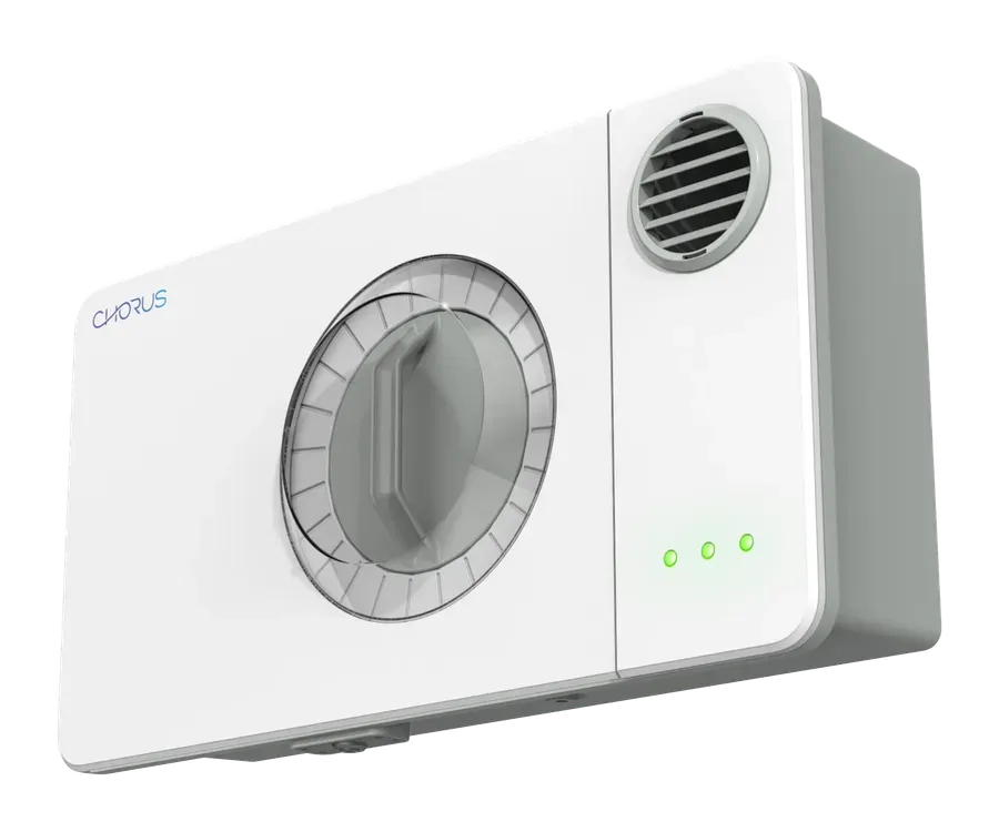 A Chorus air sanitizer machine designed for cannabis pathogen prevention and sanitation in agriculture. The module is a white box with a grey vent on the side.