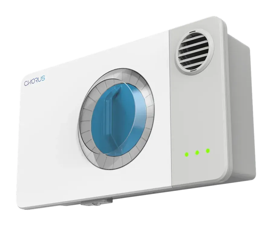 A Chorus module designed to improve air quality in indoor cannabis cultivation facilities and control odors. The odor control system is a white box with a blue knob and a blue vent on the side.