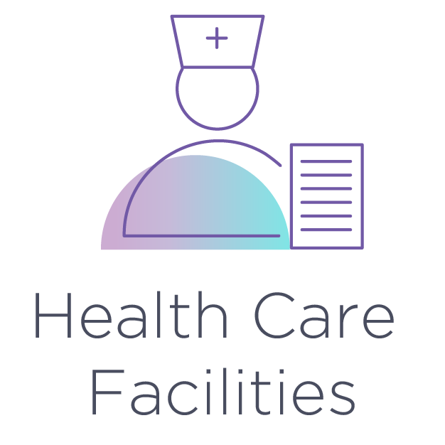 A logo for health care facilities with a nurse and a clipboard.