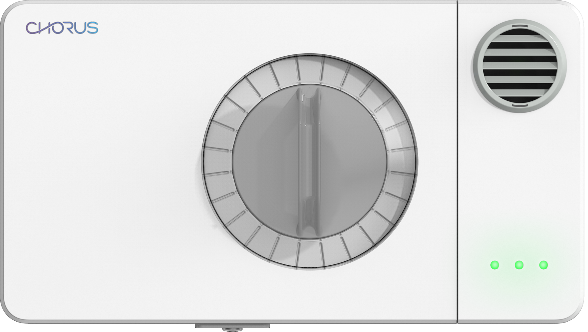A Chorus wall-mounted device for cleaner air in indoor cannabis grow rooms. The odor control device is white with grey accents.