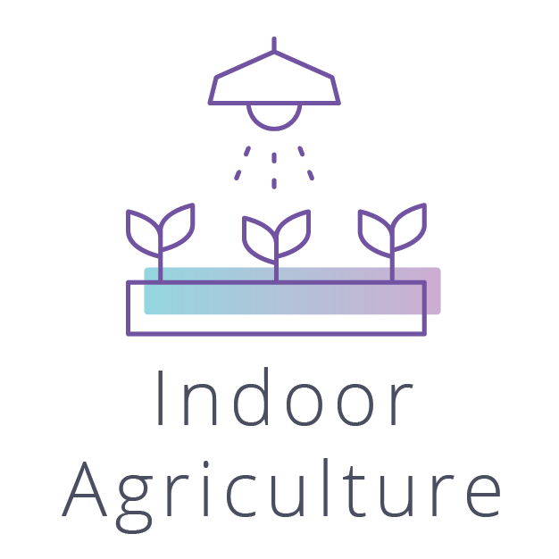 A logo for indoor agriculture with three plants growing on a shelf.