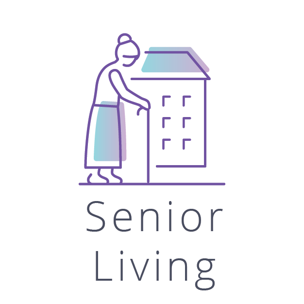 The logo for senior living shows an elderly woman standing in front of a house.