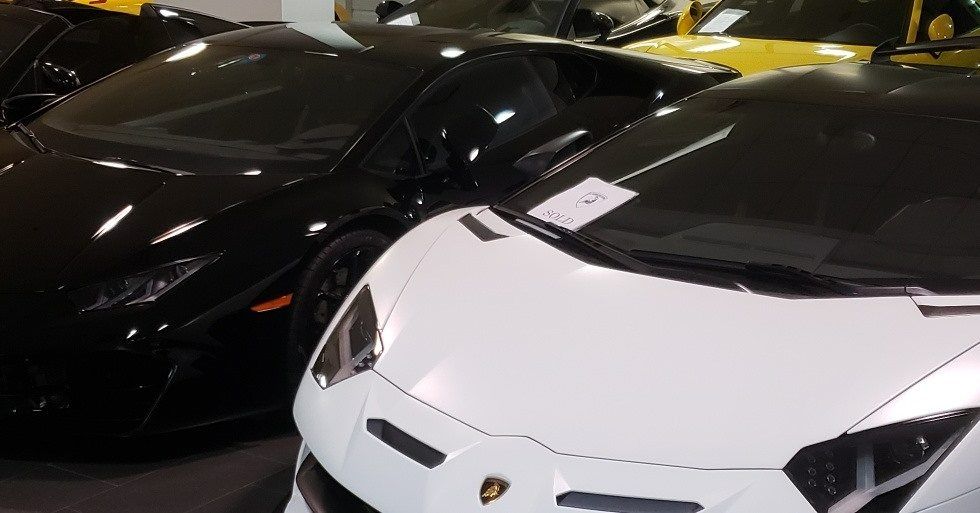 A white Lamborghini in the foreground, with black and yellow Lamborghinis parked behind it in a showroom.