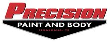 Logo for Precision Paint and Body in Texarkana, TX, featuring red text over a black, inverted-triangle background.