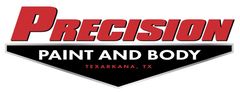 Logo for Precision Paint and Body in Texarkana, TX, featuring red text over a black, inverted-triangle background.