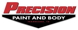 Logo for Precision Paint and Body in Texarkana, TX, featuring red text over a black, inverted-triangle background.