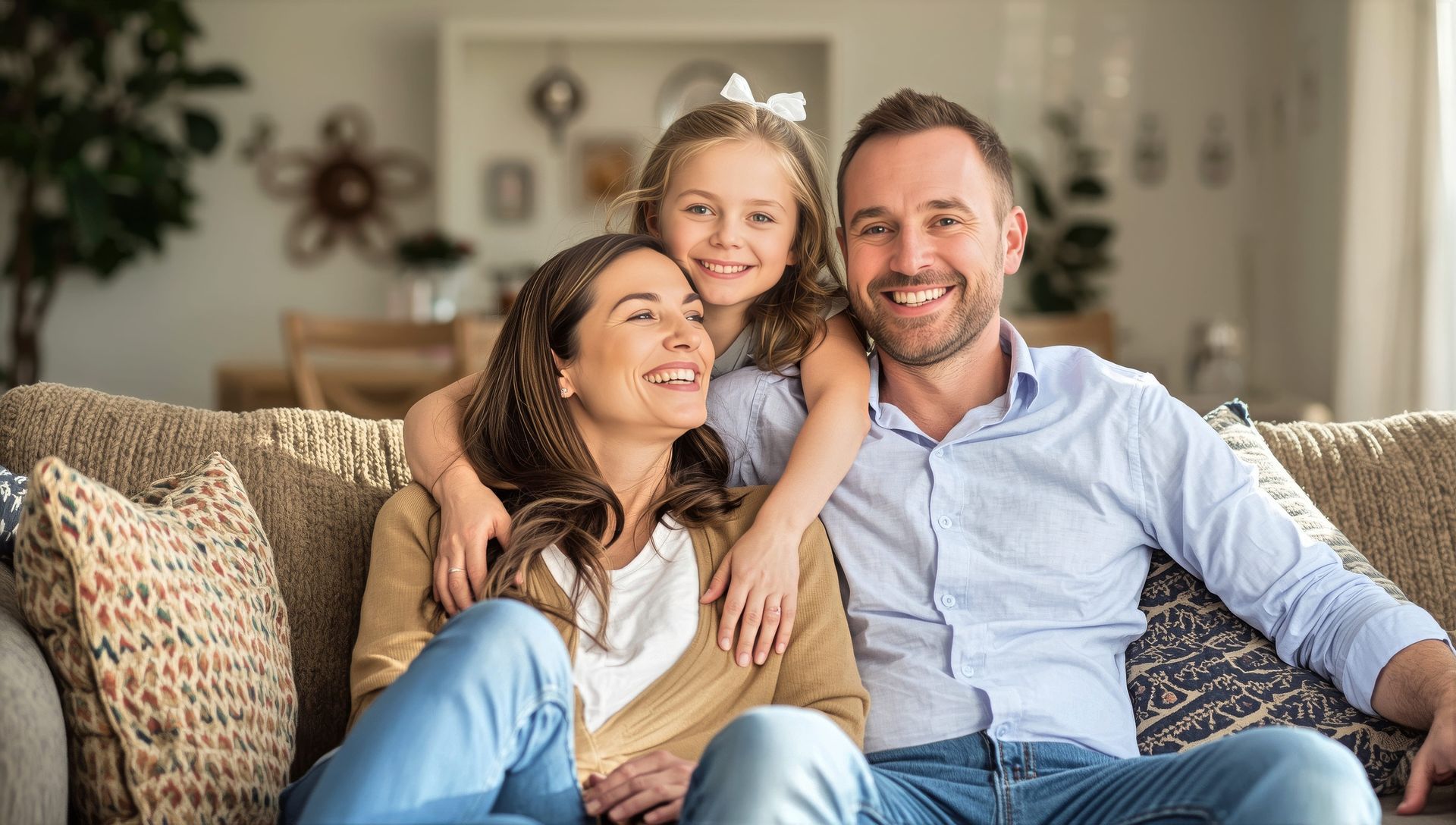 Smiling family sitting on a couch in a bright living room, with a child between two adults.