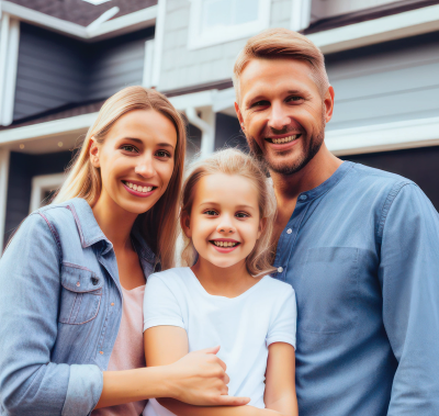 Smiling family of three standing outside a house, with parents and child posing together