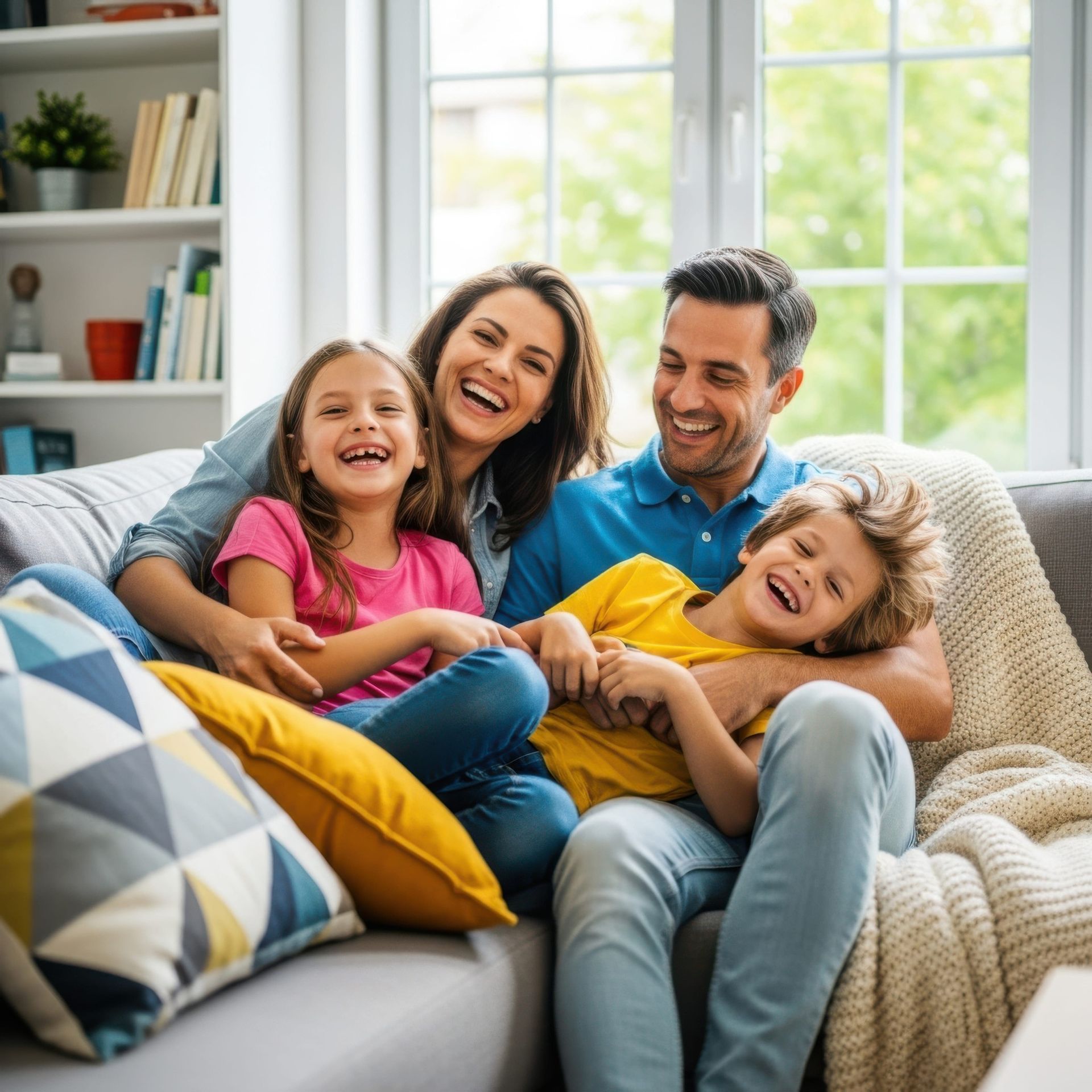 Smiling family relaxing on a couch in a bright living room with colorful pillows