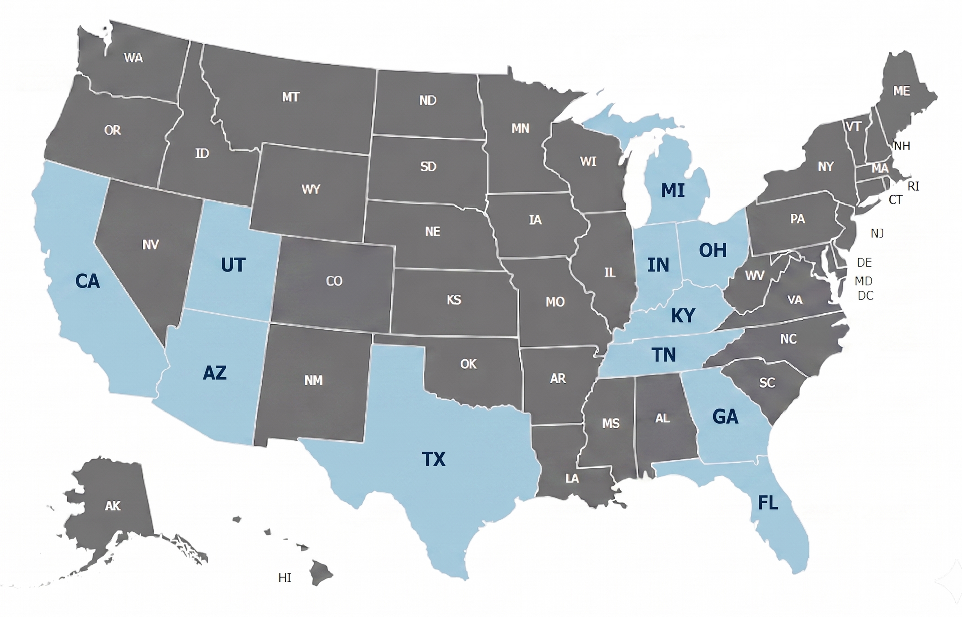 U.S. map with states in dark gray and selected states highlighted in light blue with labels