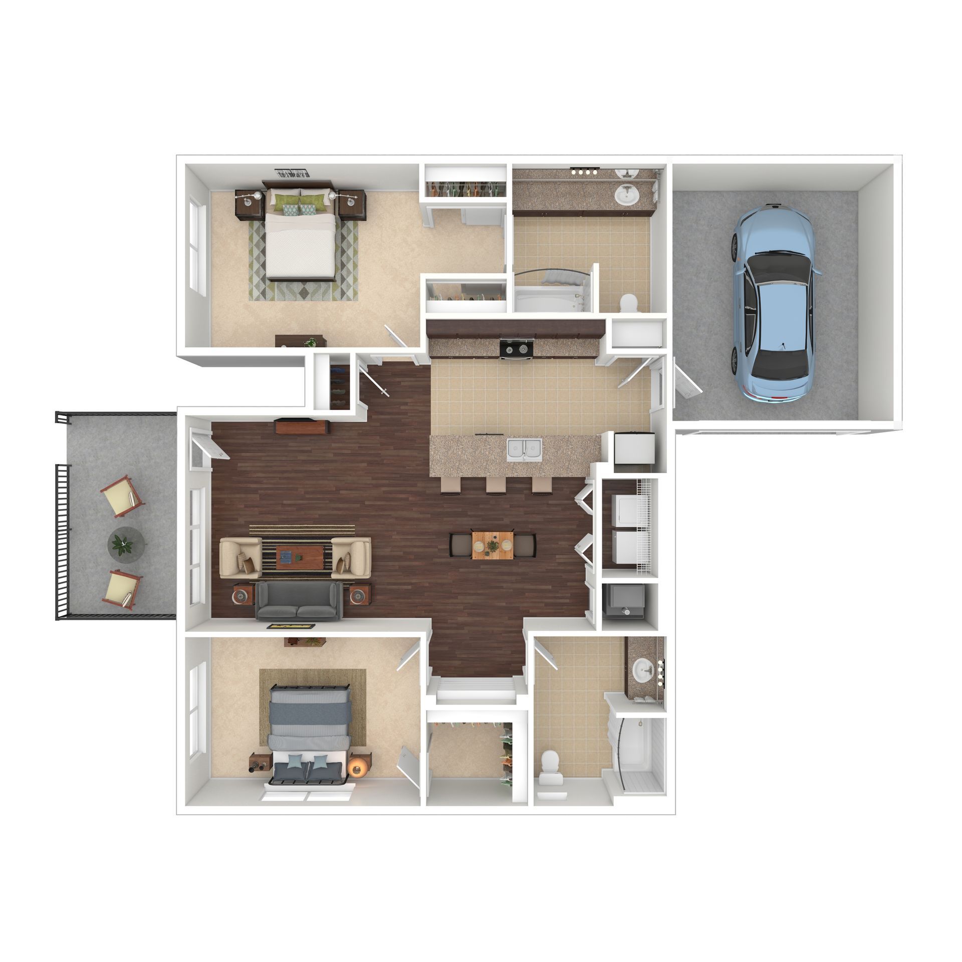Floor plan of a two-bedroom apartment with a garage, patio, and living spaces.