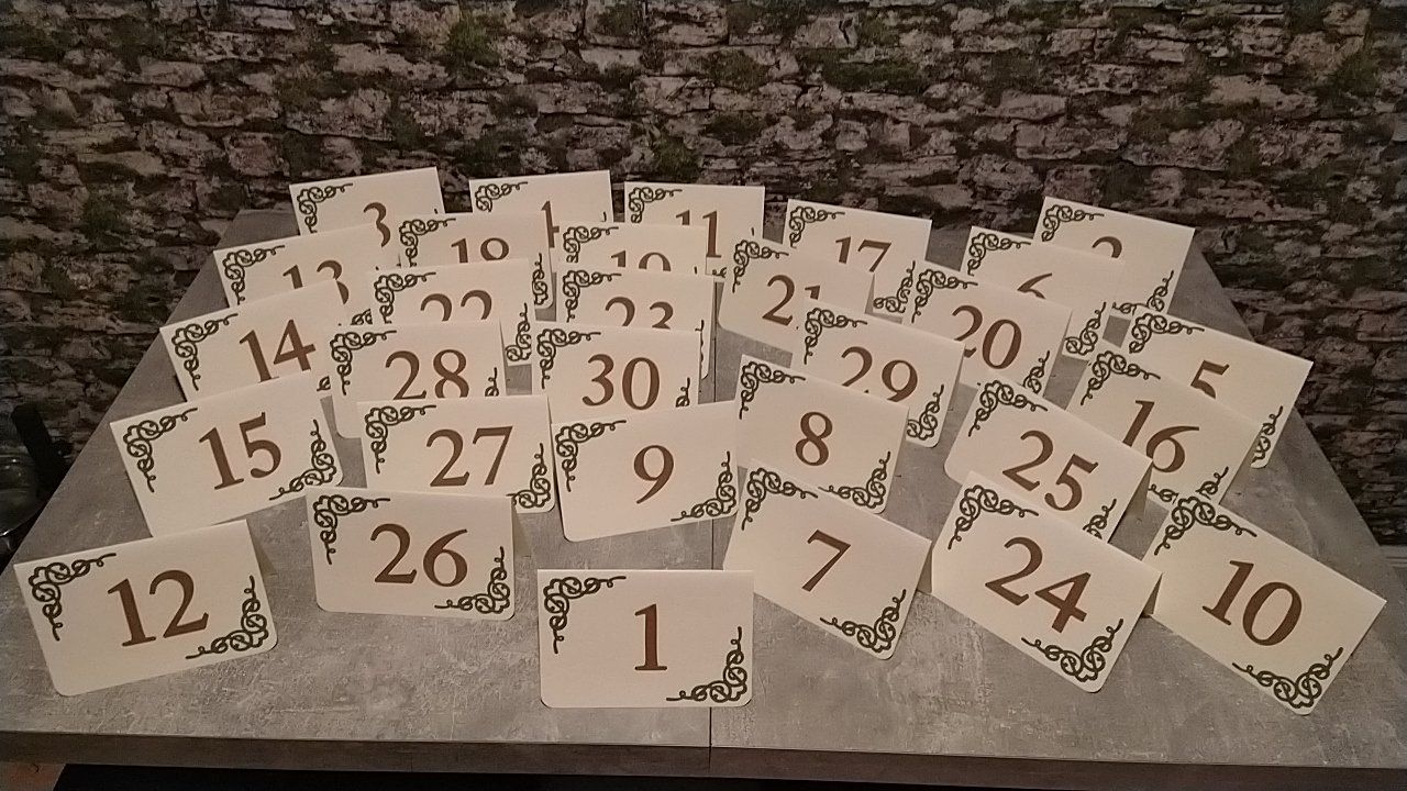 Auf einem Tisch liegt ein Stapel Karten mit Zahlen darauf.