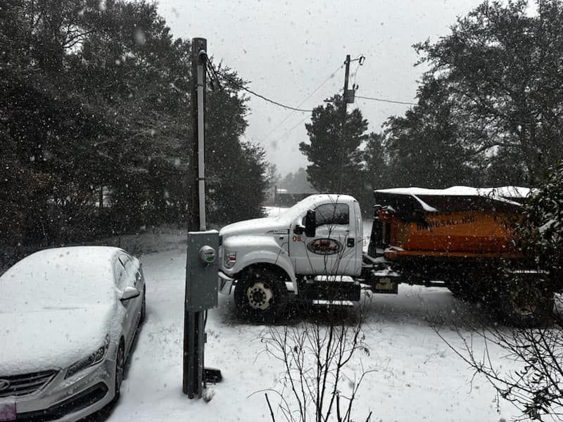 Snow-covered truck and car parked outside in a snowy driveway with trees and a utility pole.