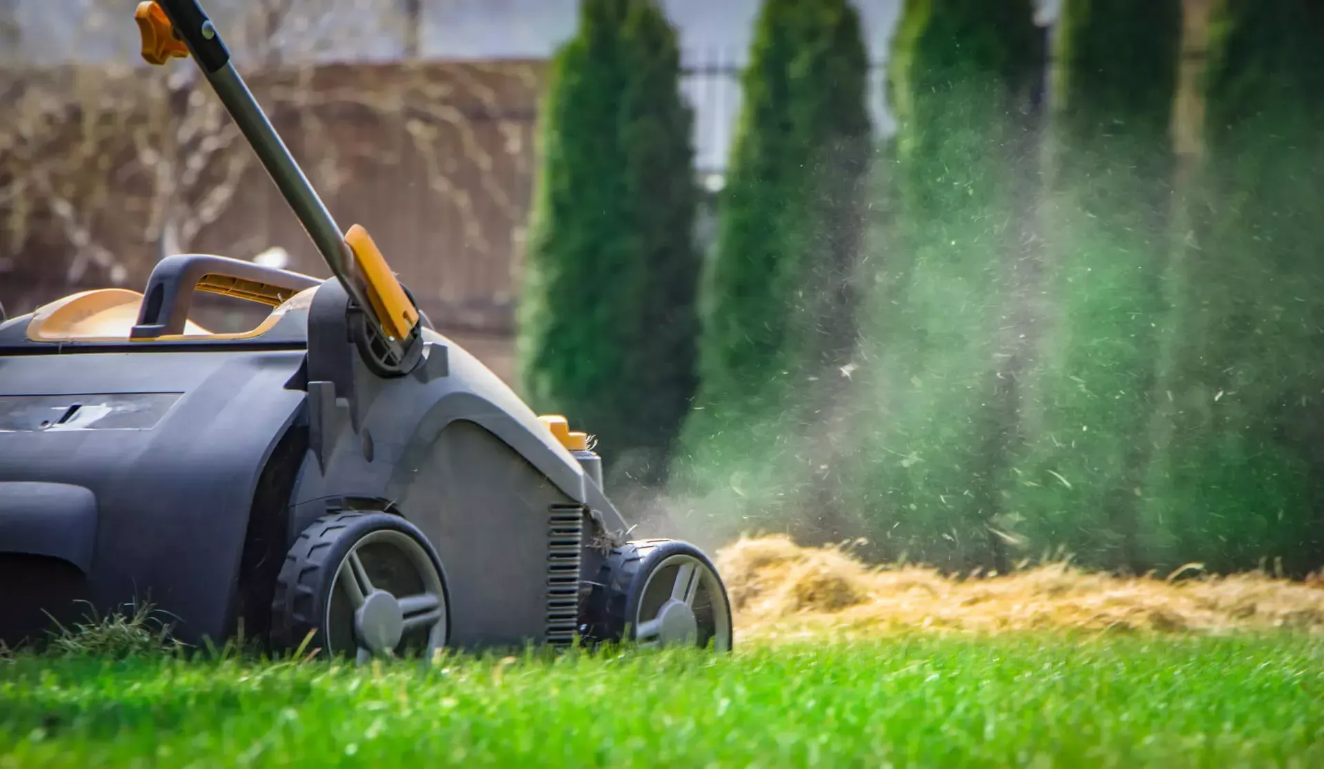 A lawn mower is cutting grass on a lush green lawn.