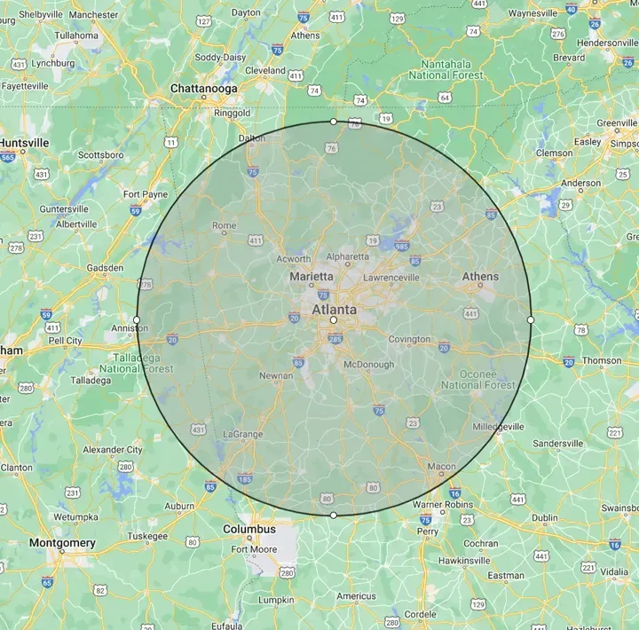 30-mile map radius around the Atlanta tri-state area.