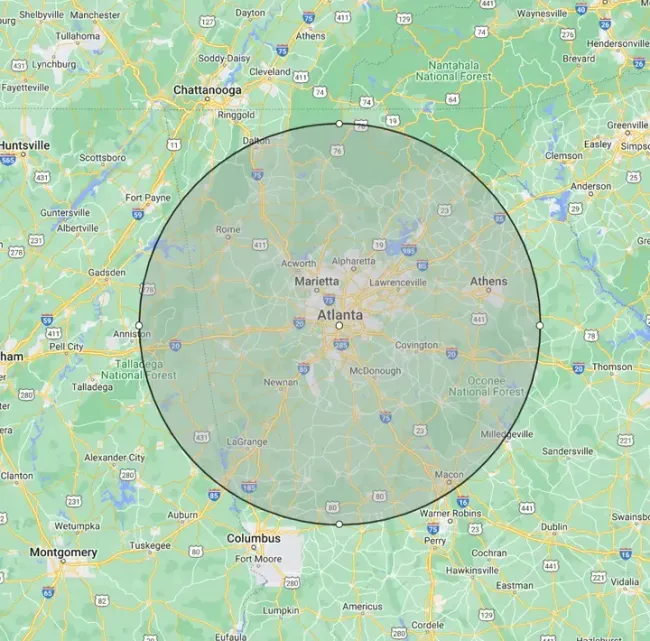 30-mile map radius around the Atlanta tri-state area.