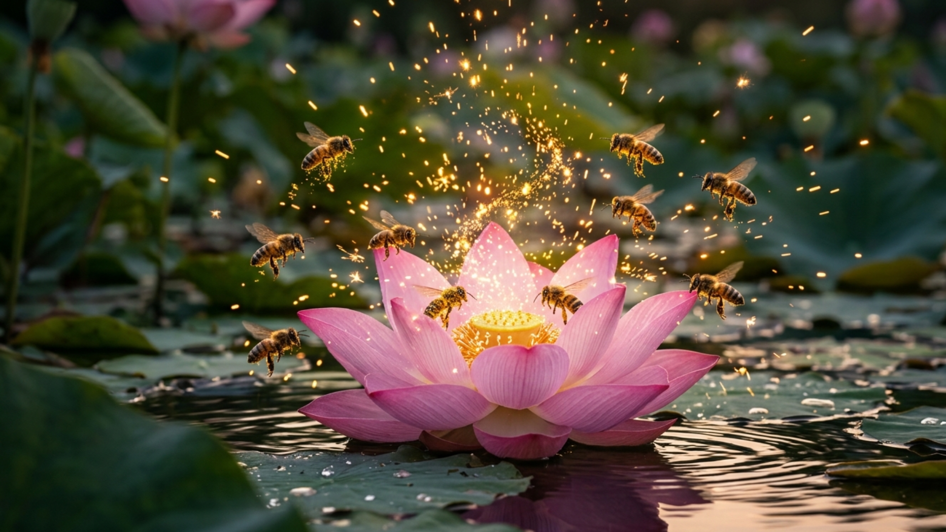 Pink lotus flower glowing with golden sparkles on a calm pond at dusk